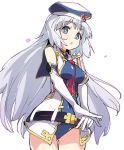  aqua_eyes bare_shoulders belt beret breasts commentary_request covered_navel elbow_gloves flat_color gloves gold_trim gundam gundam_exa hair_spread_out hat ixy long_hair medium_breasts own_hands_together silver_hair sleeveless solo sthesia_awar very_long_hair white_background white_pupils 