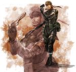  abs beard belt belt_pouch big_boss black_footwear black_gloves black_headband black_legwear bodysuit brown_hair eyepatch facial_hair gloves gun headband highres knee_pads knife looking_at_viewer male_focus metal_gear_(series) metal_gear_solid multiple_views mustache pouch standing tokiemon_gogogo weapon 