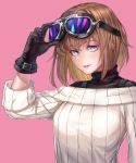  blue_eyes brown_hair fusante gloves goggles goggles_on_head highres layered_clothing lips looking_at_viewer off_shoulder original ribbed_sweater short_hair simple_background solo sweater turtleneck upper_body 