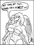  alice_rayvan avian bedroom_eyes big_breasts bird breasts corvid crow curvaceous dialogue english_text female flirting half-closed_eyes line_art looking_at_viewer non-mammal_breasts raven seductive skianous talking_to_viewer text wings 