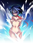  :p cirno covering covering_breasts naked_scarf naughty_face nude ooba_kagerou scarf solo tongue tongue_out touhou wide_hips 