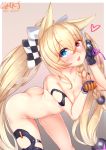  :d animal_ears artist_name ass bangs black_gloves blonde_hair blue_eyes blush bow braid breasts brown_background cat_ears checkered checkered_bow cleavage collarbone commentary_request eyebrows_visible_through_hair fang g41_(girls_frontline) girls_frontline gloves gmkj hair_between_eyes hair_bow hair_ornament hand_up heart heterochromia highres leaning_forward long_hair looking_at_viewer nude open_mouth paw_pose pink_ribbon pixiv_id red_eyes ribbon side_braid signature single_braid small_breasts smile solo twintails two-tone_background very_long_hair white_background 