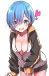  :d blue_eyes blue_hair blush borrowed_garments breasts cleavage collarbone commentary cosplay cowboy_shot eyebrows_visible_through_hair hair_ornament heart jacket konnyaku_(kk-monmon) leaning_forward long_sleeves looking_at_viewer natsuki_subaru natsuki_subaru_(cosplay) open_mouth re:zero_kara_hajimeru_isekai_seikatsu rem_(re:zero) short_hair sleeves_past_wrists smile solo track_jacket x_hair_ornament 