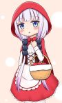  :o apple bangs basket blue_eyes blush bow brown_background cape commentary_request corset cosplay cross-laced_clothes eyebrows_visible_through_hair food fruit hair_ornament hand_up head_tilt hood hood_up hooded_cape jiu_(sdesd3205) kanna_kamui kobayashi-san_chi_no_maidragon little_red_riding_hood little_red_riding_hood_(grimm) little_red_riding_hood_(grimm)_(cosplay) long_hair long_sleeves pantyhose parted_lips purple_hair red_apple red_bow red_cape red_skirt shirt skirt solo underbust very_long_hair white_legwear white_shirt 
