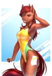  anthro breasts brown_fur clothed clothing cutie_mark digital_media_(artwork) equine eyelashes fan_character female fur hair horse mammal my_little_pony mykegreywolf one-piece_swimsuit red_eyes red_hair simple_background smile solo swimsuit 