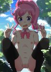  blue_eyes blush day detached_collar double_v flat_chest inverted_nipples kiratto_pri_chan looking_at_viewer momoyama_mirai naruse_mai navel nipples nude open_mouth outdoors pink_hair ponytail pretty_(series) pripara pussy sky solo squatting thighhighs tree uncensored v 