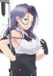  black_gloves black_skirt blush breasts capelet commentary gloves kantai_collection large_breasts light_smile long_hair looking_at_viewer medium_hair polearm purple_eyes purple_hair remodel_(kantai_collection) skirt solo tatsuta_(kantai_collection) weapon white_background wo_jianqiang_fu_guo 