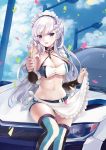  1girl alternate_costume apron azur_lane belfast_(azur_lane) bk201 blue_eyes blue_sky boots braid breasts car champagne_flute check_commentary cleavage cloud collar commentary_request confetti cup day drinking_glass eyebrows_visible_through_hair french_braid ground_vehicle highres large_breasts long_hair looking_at_viewer maid_apron maid_headdress midriff motor_vehicle navel open_mouth race_queen short_shorts shorts sky smile solo thigh_boots thighhighs thighs very_long_hair white_hair 