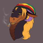  2018 ambiguous_gender beanie black_eyes black_skin brown_scales brown_skin clothed clothed_feral clothing curled_horn digital_media_(artwork) disembodied_head dragon drugs feral flamingtitania front_view fur grey_background hair hat headshot_portrait horn long_hair marijuana portrait purple_horn ridged_horn scales scalie simple_background smile smoking solo stoned teeth yellow_fur yellow_sclera zazush_(zazush-una) 