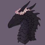  2018 ambiguous_gender black_horn black_scales black_skin curved_horn digital_media_(artwork) disembodied_head dragon feral flamingtitania flower flower_crown headshot_portrait horn looking_down morvarax plant portrait purple_background scales scalie scar side_view simple_background slit_pupils smooth_horn solo western_dragon yellow_eyes 
