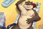  anthro beach belly beverage canine clothing dog fundoshi gigasaddle japanese_clothing lying male mammal moritaka nude on_back public_nudity scar seaside slightly_chubby tokyo_afterschool_summoners underwear 