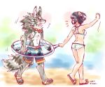  2018 anthro bikini canine clothed clothing duo female haruki human male mammal seth_(tas) standing swimsuit toes tokyo_afterschool_summoners topless 