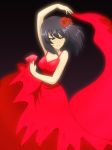  bangs black_background black_hair breasts bukkuri commentary dark_skin dress flamenco flower girls_und_panzer green_eyes hair_flower hair_ornament hoshino_(girls_und_panzer) looking_at_viewer open_mouth red_dress short_hair smile solo 