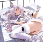  1girl animal_ears ass black_ribbon blush breasts bunny_ears bunny_tail closed_mouth copyright_request fur_trim gloves grey_eyes grey_hair grey_leotard hair_spread_out highres kanasebench large_breasts leotard long_hair looking_at_viewer lying on_bed on_side pillow pink_pupils ribbon short_hair simple_background solo tail thighhighs white_background white_gloves white_ribbon 