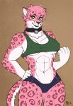  abs bell breasts clothing collar feline female fluff-kevlar fur hair looking_at_viewer mammal muscular muscular_female pantherine pink_fur shirt short_hair snow_leopard spots tank_top tight_clothing whiskers yellow_eyes 