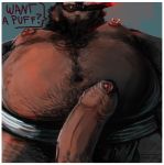  2018 anthro bear belly body_hair border brown_fur cigar clothing digital_media_(artwork) english_text erection fur jockstrap low-angle_view male mammal mostly_nude navel nipple_piercing nipples overweight overweight_male penis piercing smile smoking solo speech_bubble text trashtail uncut underwear white_border 