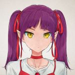  akagi_(fmttps) alternate_hairstyle choker gegege_no_kitarou grey_background hair_ribbon looking_at_viewer nekomusume nekomusume_(gegege_no_kitarou_6) pointy_ears purple_hair red_choker red_ribbon ribbon short_hair simple_background solo twintails upper_body yellow_eyes 