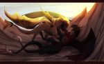  black_bars black_hair blonde_hair blood claws day detailed_background dragon duo feral hair lying membranous_wings on_back open_mouth outside red_eyes scalie sky teeth tongue western_dragon wings wrappedvi 
