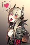  armband bandana breasts cleavage commentary_request eyebrows_visible_through_hair girls_frontline grey_hair h_kasei heart jacket long_hair looking_at_viewer m4_sopmod_ii_(girls_frontline) multicolored_hair open_clothes open_mouth red_eyes simple_background solo spoken_heart streaked_hair tongue tongue_out unzipped 