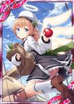  akkijin angel angel_wings apple ass bag blue_eyes blue_sky brown_hair card_(medium) cloud day feathers food fruit green_ribbon halo hat jumping market official_art outdoors paper_bag ribbon shinkai_no_valkyrie shoe_soles shoes sky socks wings 