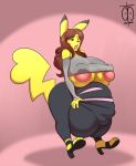  2018 anthro areola balls big_balls big_breasts blue_eyes breasts brown_hair bulge cleft_tail clothed clothing dickgirl digital_media_(artwork) footwear freckles_(artist) fully_clothed hair huge_balls hyper hyper_balls hyper_bulge hyper_penis intersex long_hair nintendo nipple_bulge one_eye_closed open_mouth penis pikachu pok&eacute;mon pok&eacute;mon_(species) sandals signature solo torn_clothing video_games 