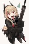  assault_rifle bangs blonde_hair christmas_tree eyeball eyebrows_visible_through_hair ganesagi girls_frontline gun hair_between_eyes headgear highres holding holding_gun holding_weapon jacket long_hair looking_at_viewer looking_up m4_carbine m4_sopmod_ii m4_sopmod_ii_(girls_frontline) mechanical_hand multicolored_hair open_mouth pantyhose red_eyes rifle solo tongue tongue_out two-tone_hair weapon 