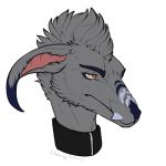  2018 alpha_channel anthro beige_eyes blue_fur blue_nose blue_stripes canine collar digital_media_(artwork) dipstick_ears disembodied_head eyebrows flamingtitania fur grey_fur grey_hair hair headshot_portrait looking_aside male mammal markings mohawk portrait sharp_fangs side_view signature simple_background solo stripes transparent_background white_stripes 