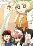  2girls :d ? ahoge bag bel_(pokemon) between_breasts black_eyes blonde_hair breast_envy breasts cheren_(pokemon) closed_eyes commentary_request facing_viewer glasses green_hat hands_up hat hora_(hora06) jacket long_hair medium_hair multiple_boys multiple_girls open_mouth orange_jacket poke_ball_symbol pokemon pokemon_(game) pokemon_bw puffy_short_sleeves puffy_sleeves short_sleeves small_breasts smile sparkle strap_cleavage thumb_to_chin thumbs_up touko_(pokemon) touya_(pokemon) upper_body white_pupils zipper zoom_layer 