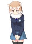  alternate_costume animal_ears black-tailed_prairie_dog_(kemono_friends) blush commentary_request cowboy_shot eyebrows_visible_through_hair fur_collar girls_und_panzer hands_on_lap highres kemono_friends light_brown_hair long_sleeves multicolored_hair necktie pleated_skirt prairie_dog_ears school_uniform short_hair skirt smile solo st._gloriana's_school_uniform sweater thighhighs totokichi white_hair zettai_ryouiki 