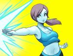  armpits black_legwear breasts cleavage clenched_hand clothes_writing green_eyes grey_hair lips navel parted_lips ponytail ravenousruss simple_background solo super_smash_bros. super_smash_bros._ultimate tank_top upper_body wii_fit wii_fit_trainer yellow_background 