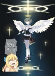  ahoge angel angel_wings ankle_boots bare_legs belt black_dress black_footwear blonde_hair blue_ribbon boots breasts commentary_request constricted_pupils cross-laced_footwear crossed_legs dress eyebrows_visible_through_hair feathered_wings feathers hair_ribbon halo hand_to_own_mouth jashin-chan jashin-chan_dropkick lace-up_boots long_hair loose_belt multiple_girls oitsuki_(getsumen_diver) open_mouth outstretched_arm pale_skin pekora_(jashin-chan_dropkick) ribbon shaded_face short_hair sparkle translation_request watson_cross whip white_belt white_wings wings 
