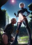 1girl ball_gag bdsm blindfold blonde_hair bondage bound bound_arms breasts building cleavage_cutout collar commentary emil_(nier) femdom gag hair_over_one_eye hand_on_hip highres imizu_(nitro_unknown) kneeling leash leotard lips medium_breasts nier_(series) nier_automata ruins short_hair standing star_(sky) thighhighs thighs yorha_no._2_type_b yorha_no._9_type_s 