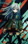  animal_ears arms_at_sides assault_rifle bomb cat_ears commentary eyebrows_visible_through_hair floating_hair green_eyes green_jacket gun highres jacket lm7_(op-center) looking_at_viewer m4_carbine original rifle silver_hair sketch smile solo thighhighs time_bomb weapon 