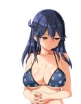  ahoge alternate_costume bangs bikini blue_bikini blue_hair blush breasts cleavage closed_mouth green_eyes hair_between_eyes half-closed_eyes hands_together kantai_collection large_breasts long_hair looking_away looking_down polka_dot polka_dot_bikini shiny shiny_skin sidelocks simple_background solo stomach swimsuit upper_body ushio_(kantai_collection) white_background zaxwu 