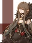  bare_shoulders black_dress black_hair breasts chinese_commentary cleavage commentary_request detached_sleeves dress fate/apocrypha fate_(series) fur_trim gold_trim highres kato(kato) large_breasts long_hair looking_at_viewer pointy_ears semiramis_(fate) solo very_long_hair 