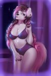  anthro asheraart bedroom_eyes big_breasts black_nose bra_pull braided_hair breasts canine cleavage clothed clothing clothing_pull collarbone dog ear_markings ear_piercing facial_markings female front_view hair half-closed_eyes hi_res mammal markings midriff panties piercing pigtails pinup pose seductive smile soft_focus solo standing twin_braids underwear 