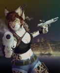  9mm adult_character amazing amber_eyes anthro beretta black_lagoon breasts brown_hair cigarette cleavage clothed clothing crop_top crossover dual_wielding feline female gunslinger hair hi_res holding_object holding_weapon holster hot_pants jeanwoof lynx mammal midriff night object_in_mouth ranged_weapon revy shell shirt shorts shots_fired smile smoking smoking_gun solo top weapon zaire_(nightdancer) 