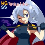 1girl bare_arms blue_background blue_eyes blue_hair bracelet breasts cape copyright_name creatures_(company) d fukumitsu_(kirarirorustar) game_freak gloves gym_leader hair_between_eyes hair_ornament high_ponytail ibuki_(pokemon) jewelry large_breasts long_hair nintendo one_eye_closed open_mouth pokemon pokemon_(game) pokemon_gsc pokemon_hgss ponytail sideboob simple_background smile solo spandex text 
