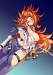  1girl areolae breasts breasts_outside facial_scar female gradient_hair kagemitsu_ryuuko kbtmsboy large_breasts long_hair messy_hair multicolored_hair nipples red_hair scar scar_on_cheek shinken!! solo sword torn_clothes weapon 