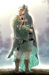  1boy 1girl barefoot boots carrying feet hat holding hood link midna midna_(true) nintendo orange_hair pointy_ears princess_carry the_legend_of_zelda the_legend_of_zelda:_twilight_princess tunic tuyuga twitter_username 