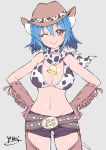  ;p absurdres animal_print bandana bare_shoulders bell belt black_shorts blush breasts brown_hat chaps cleavage closed_mouth commentary_request cow_bell cow_girl cow_horns cow_print cow_tail cowboy_hat crossed_belts eyebrows_visible_through_hair fringe_trim gloves groin hair_between_eyes hands_on_hips hat highres horns jashin-chan_dropkick looking_at_viewer loose_belt midriff minos_(jashin-chan_dropkick) multiple_belts navel one_eye_closed print_bandana print_bikini_top print_hat shirt short_shorts shorts signature simple_background smile solo standing stomach tail thigh_gap tongue tongue_out yyuki317 