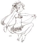  ass bikini breasts dated frilled_bikini_bottom full_body greyscale highres irako_(kantai_collection) kantai_collection lineart long_hair looking_at_viewer lynchis monochrome ponytail sarong small_breasts solo swimsuit 