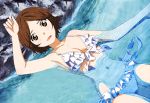  1girl bikini breasts brown_eyes brown_hair frilled_bikini frills hand_on_head in_water looking_at_viewer medium_breasts ocean ribbon ripples rock sawabe_tsubaki shigatsu_wa_kimi_no_uso short_hair swimsuit white_bikini 