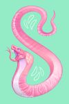  2017 ambiguous_gender cobra cyan_background digital_media_(artwork) fangs feral forked_tongue hi_res killcodes open_mouth pink_body reptile scalie signature simple_background snake solo tongue tongue_out 