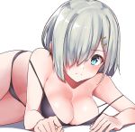  bikini black_bikini blue_eyes breasts cleavage commentary_request frown hair_ornament hair_over_one_eye hairclip hamakaze_(kantai_collection) kantai_collection konnyaku_(kk-monmon) large_breasts looking_at_viewer lying short_hair silver_hair simple_background solo strap_slip swimsuit white_background 