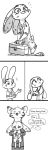  2018 alternate_species anthro arctic_fox barefoot canine carrying clothed clothing comic dialogue dirty disney duo ear_markings english_text facial_markings female fox fuel_(artist) fur_markings greyscale head_tuft holding_object jack_savage lagomorph male mammal markings monochrome overalls rabbit simple_background skye_(zootopia) speech_bubble standing suit text toolbox white_background zootopia 