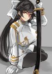  aiguillette azur_lane black_hair bow breasts brown_eyes commentary_request covered_nipples double-breasted fujitsubo_(hujitubo0731) gloves gold_trim grey_background hair_bow hair_flaps highres holding holding_sword holding_weapon huge_breasts katana large_breasts long_hair military military_uniform miniskirt pantyhose ponytail ribbon simple_background sitting sketch skirt smile solo sword takao_(azur_lane) thighband_pantyhose uniform very_long_hair weapon white_bow white_gloves white_ribbon work_in_progress 