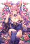  animal_ear_fluff animal_ears arm_at_side bare_shoulders blue_bow blue_kimono blue_legwear blurry blush bow breasts cleavage commentary depth_of_field detached_sleeves eyebrows_visible_through_hair fate/grand_order fate_(series) flower fox_ears fox_tail hair_between_eyes hair_bow hand_up highres indoors japanese_clothes kimono large_breasts looking_at_viewer marble md5_mismatch obi parted_lips petals pink_flower pink_hair purple_flower ribbon sash sitting smile solo tail tamamo_(fate)_(all) tamamo_no_mae_(fate) twintails wide_sleeves yellow_eyes yeonwa 
