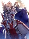  absurdres ahoge akami_fumio artoria_pendragon_(all) back-to-back bangs blonde_hair blue_cloak blurry blurry_background braid breastplate clarent cloak closed_mouth commentary_request crown depth_of_field dutch_angle excalibur eyebrows_visible_through_hair facing_away fate/apocrypha fate/stay_night fate_(series) fur-trimmed_cloak fur_trim gauntlets green_eyes hair_bun hands_on_hilt highres long_hair mini_crown mordred_(fate) mordred_(fate)_(all) mother_and_daughter multiple_girls ponytail saber sidelocks standing sword v-shaped_eyebrows weapon white_background 