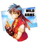  belt blue_hair closed_mouth commentary_request denim gloves headband jacket looking_at_viewer male_focus mizu_hp red_headband red_vest rody_roughnight short_hair solo vest wild_arms wild_arms_1 